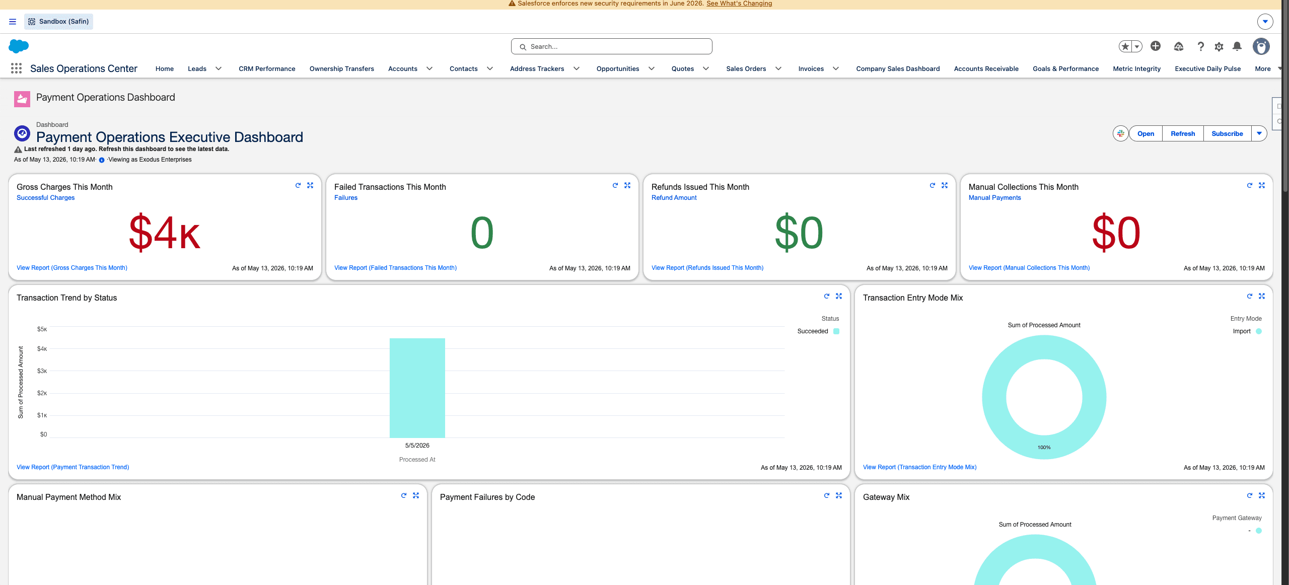 Safin dev sandbox Payment Operations dashboard