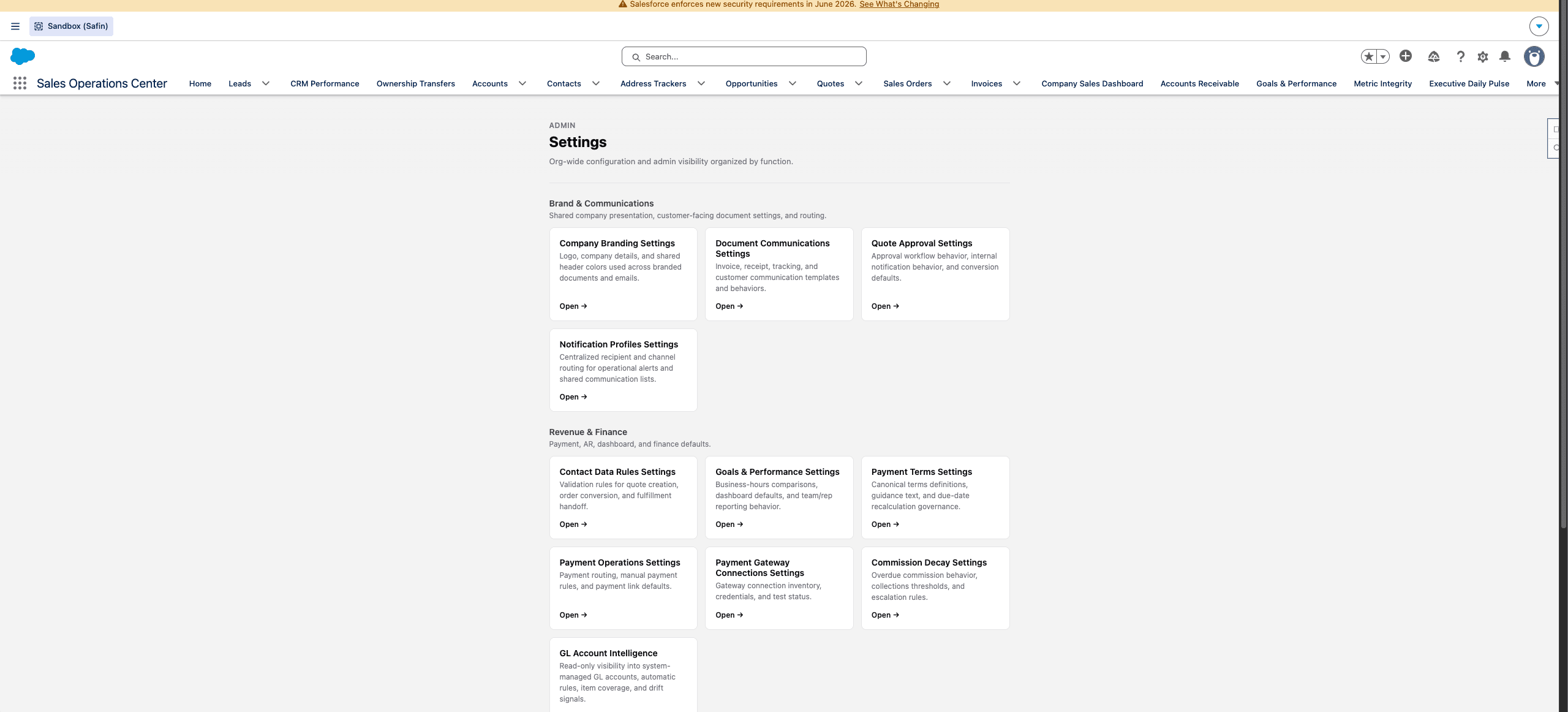 Safin dev sandbox Settings Home